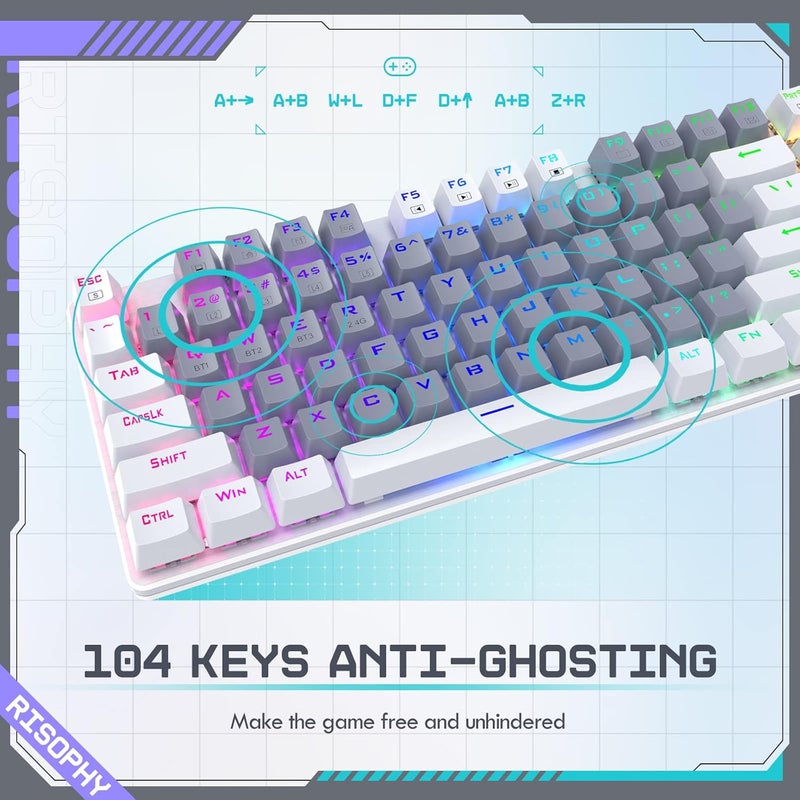 RisoPhy Wireless Mechanical Keyboard, Triple Mode 2.4G/USB-C/Bluetooth Gaming Keyboard, 104 Keys Programmable, Customize RGB Backlit, Red Switch, Bicolor PBT Keycaps, Rechargeable Wired for Laptop PC - Image 5